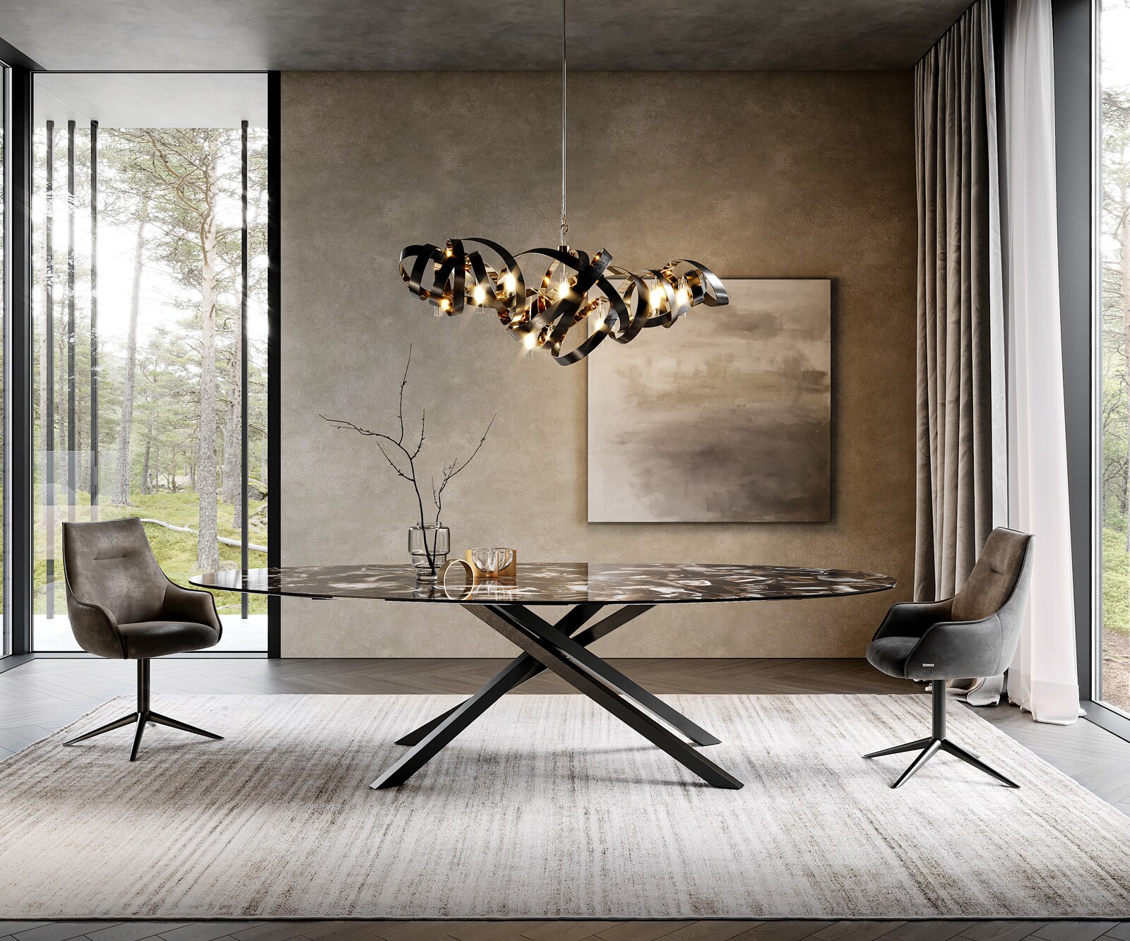 Eetkamertafel Edge Oval 280x130 cm Keramiek Iris FMG Agatablack kruisonderstel Rechthoek Zwart