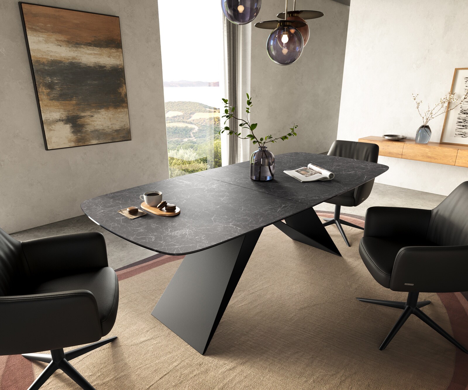 Eettafel Edge Boot 180-220x100 cm Keramiek Laminam® Nero Greco Anthrazit V-onderstel Flachstahl Zwart uitschuifbaar 1