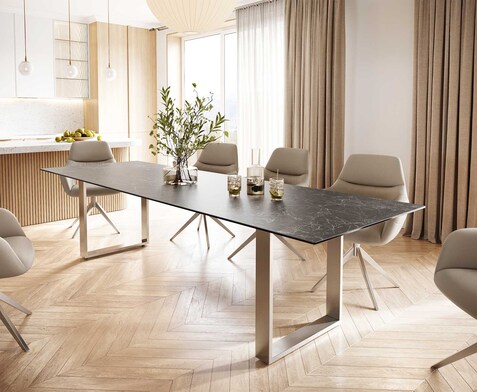 Eettafel Edge 300x100 keramiek Laminam® Nero Greco grijs roestvrij staal smal