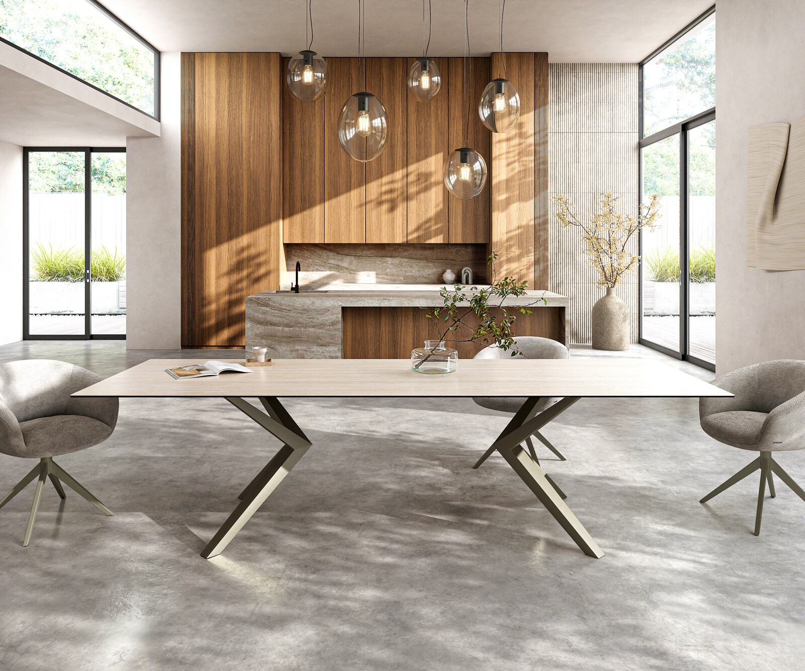 Eettafel Edge 300x100 keramiek  Laminam® Travertino Bianco Creme-wit Zenthara kantig metaal effectafwerking Titan 2