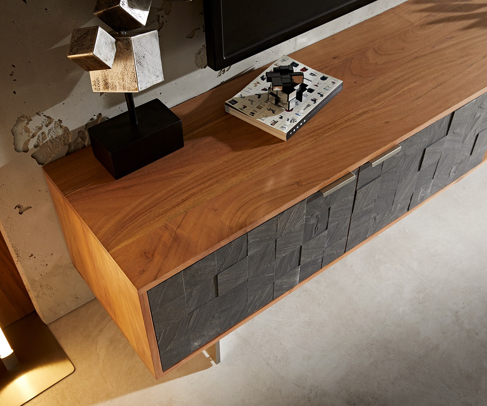 TV-meubel Teele 160 cm acacia natuur leisteen 2 deuren poot zwevend roestvrij staal 4