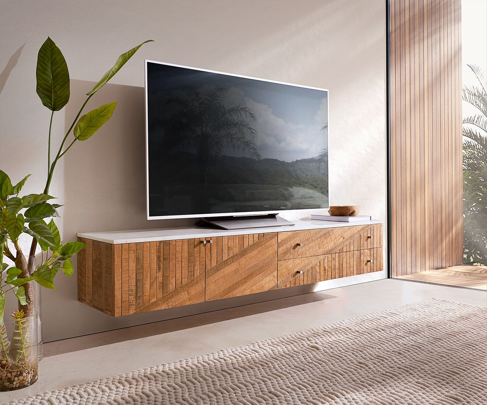 DELIFE TV-meubel Bahan 175 cm mango teak 2 deuren 2 laden marmeren blad wit zwevend