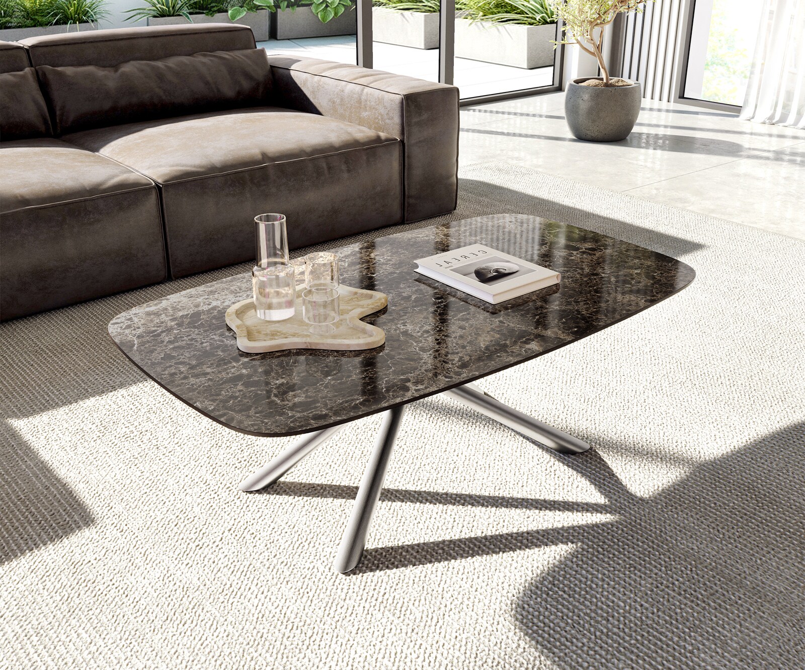 Salontafel Edge Boot 120x70 cm keramiek Laminam® Emperador Extra Lucidato donkerbruin Sarity geborsteld roestvrij staal 1