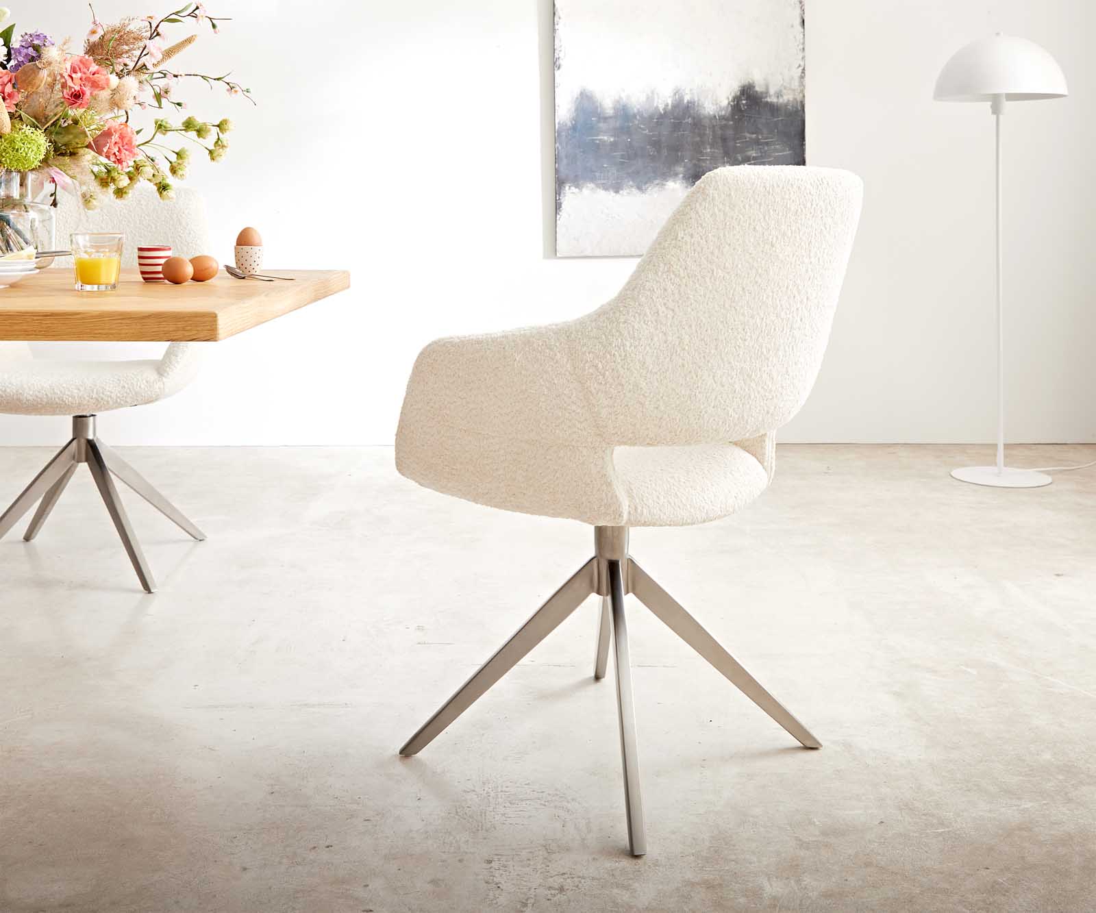 Draaistoel Yago-Flex XL met armleuning bouclé wit kruisframe breed roestvrij staal 360° draaibaar 2