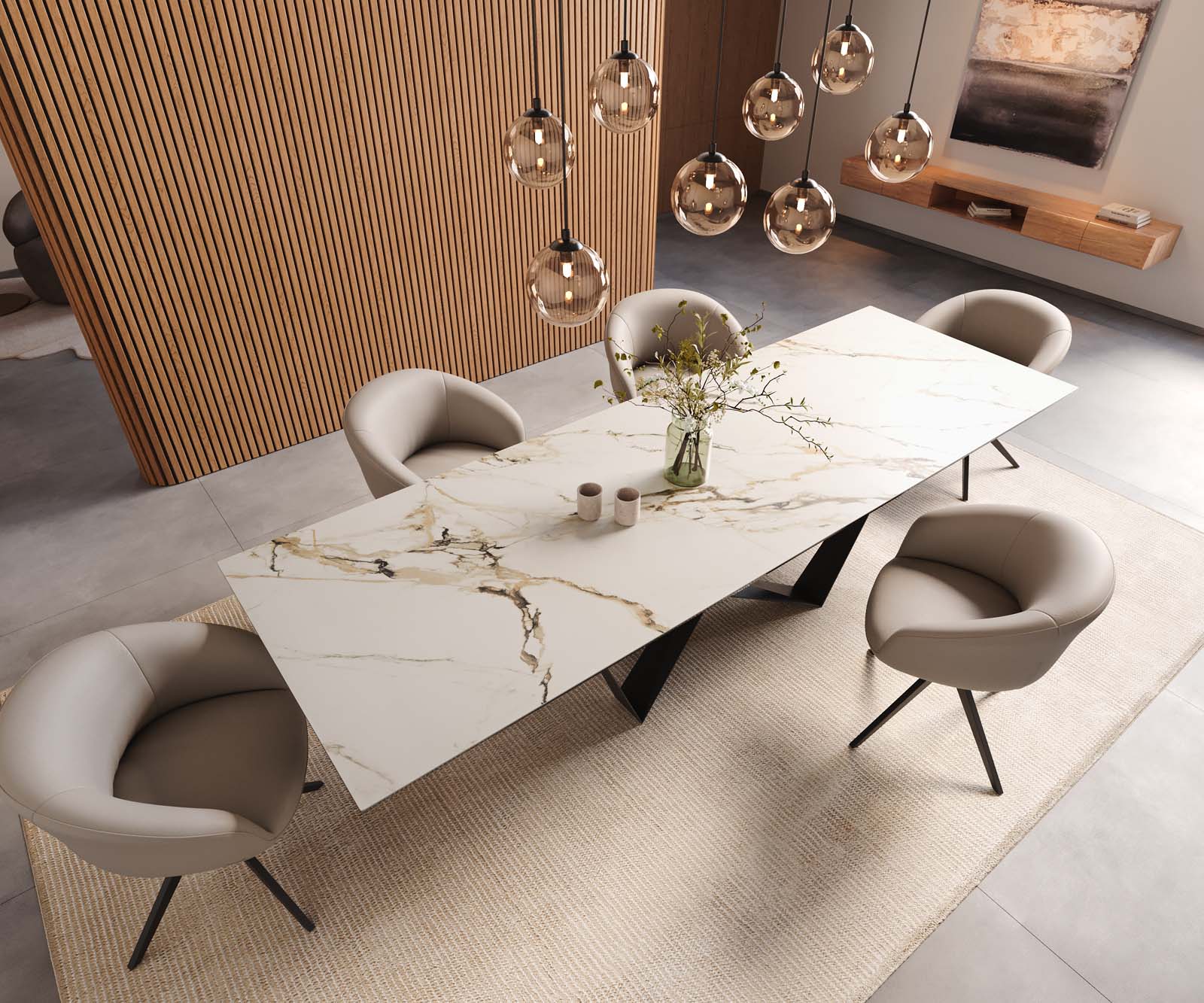 Eetkamertafel Edge 300x100 keramiek Calacatta Luxe wit-goud-grijs spider vlak staal zwart 6
