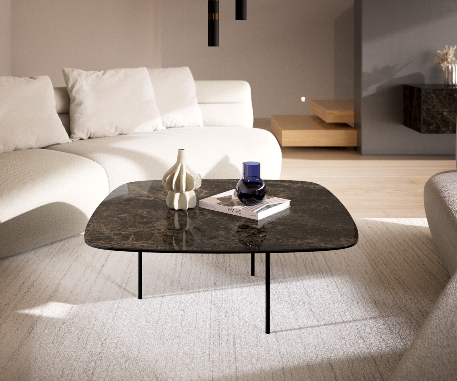 Salontafel Edge Boot 90x90 cm keramiek Laminam® Emperador Extra Lucidato donkerbruin Trive zwart metaal 2