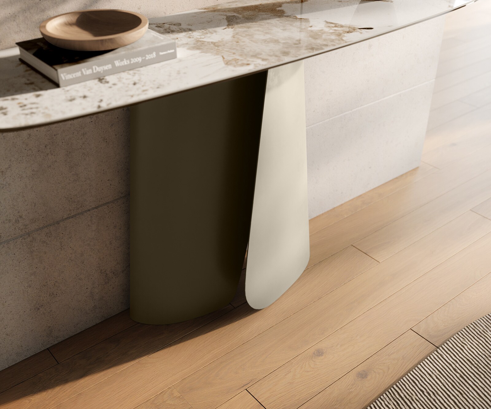 Consoletafel Edge Bootvorm 140x40 cm Keramiek Minas Melange Weiß-Beige Livos Metaal Effektfinish Titan 6