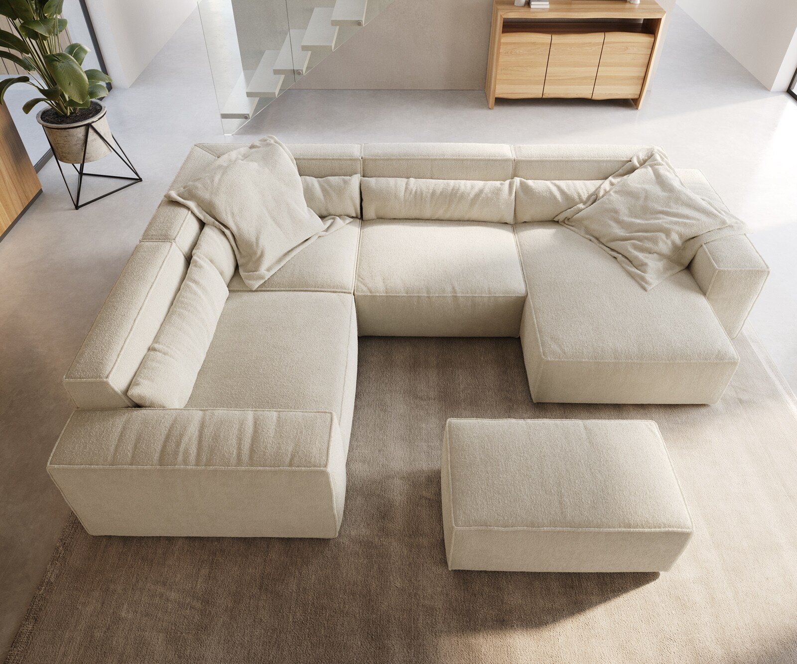 Woonkamer landschap Sirpio 300x200 cm bouclee crème-wit recamiere variabele met kruk 4