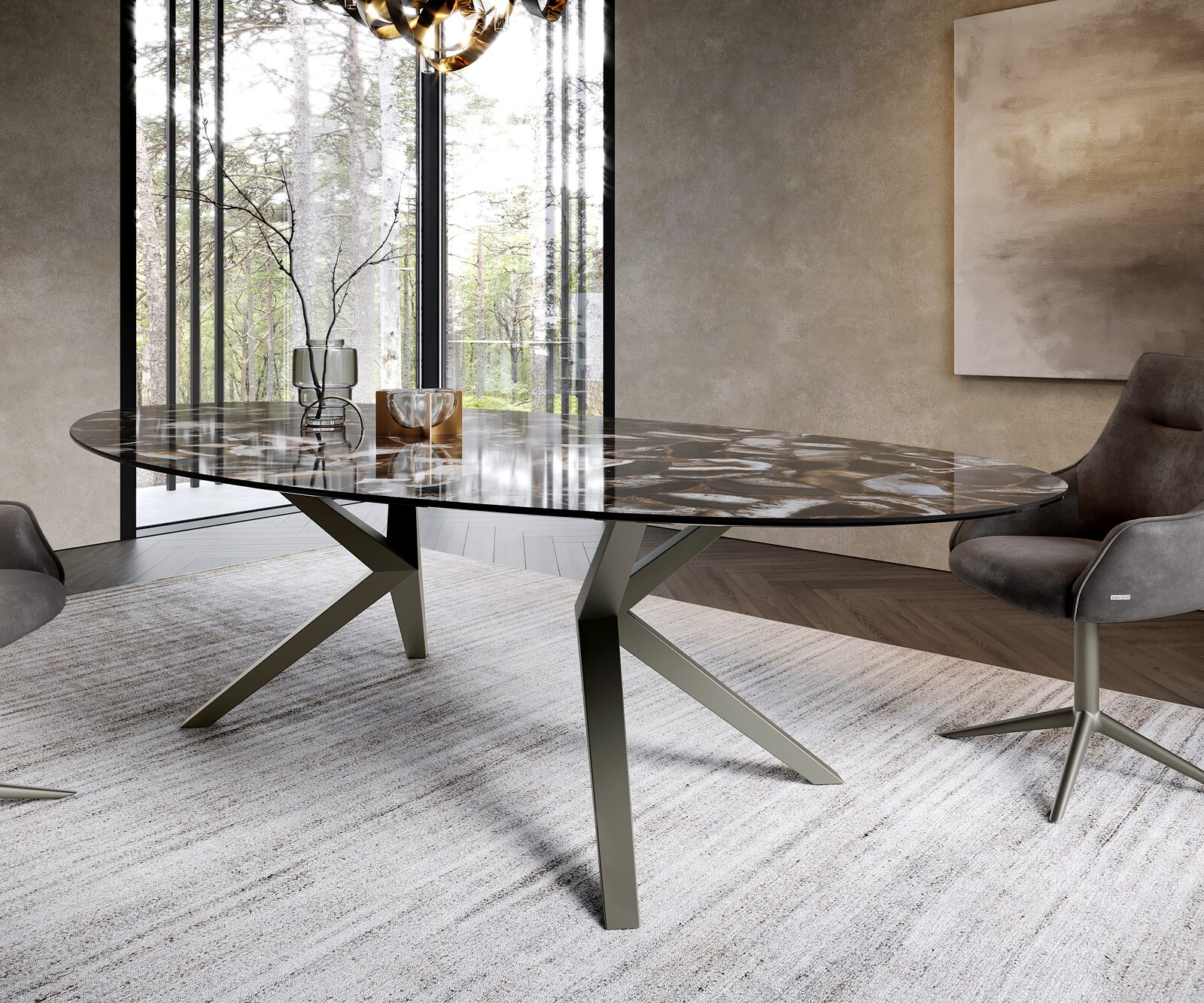 Eetkamertafel Edge ovaal 280x130 keramiek Iris FMG Agatablack Zenthara hoekig metaal effectafwerking titaan 6