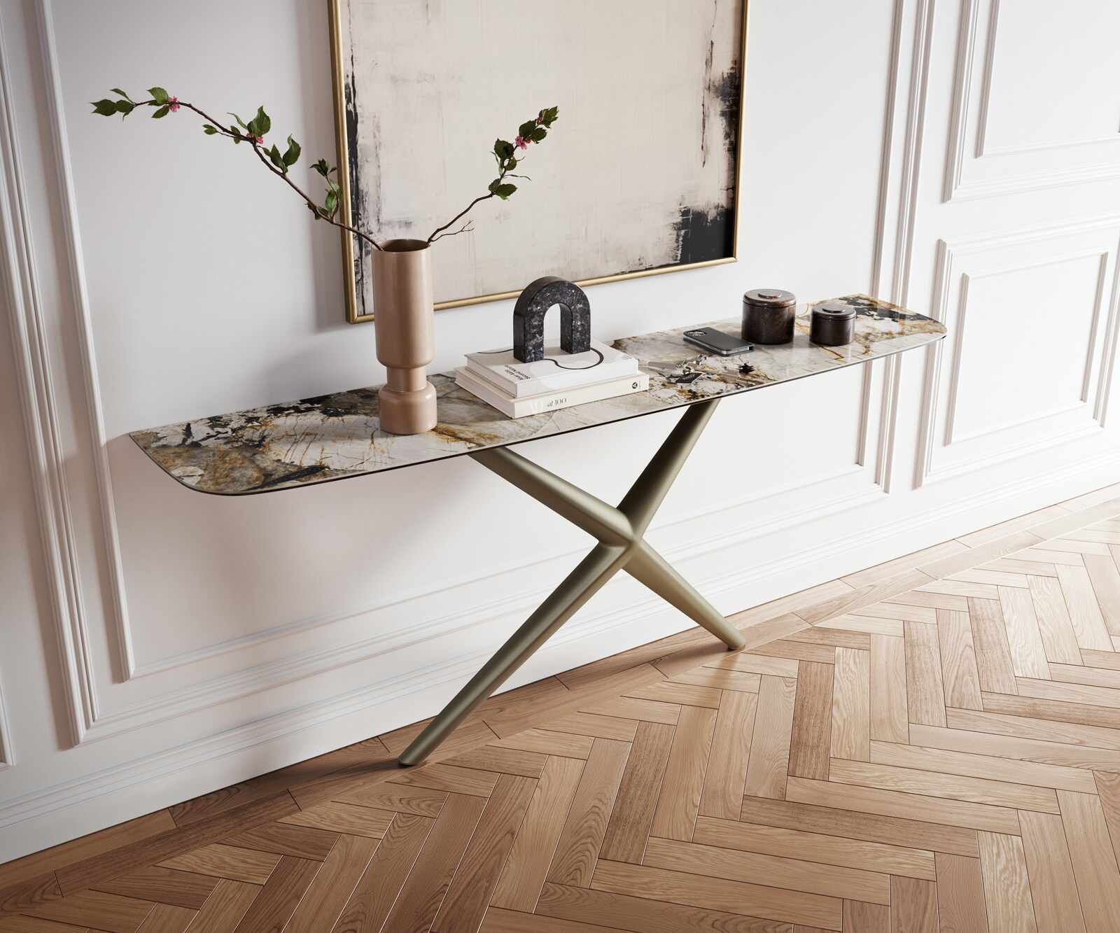 Consoletafel Edge Bootvorm 180x40 cm Keramiek Patagonia Poliert Estelo Metaal Effektfinish Titan 4