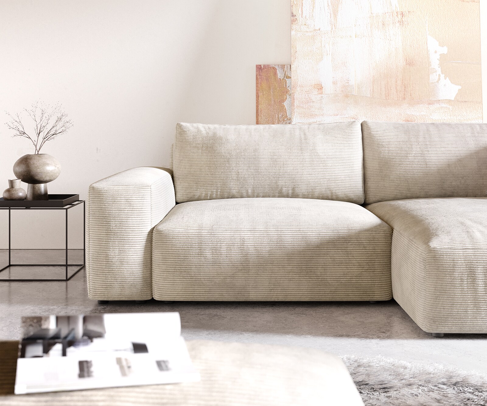 Hoekbank Lanzo XL 270x180 cm Cord Beige Recamiere variabel met poef 4