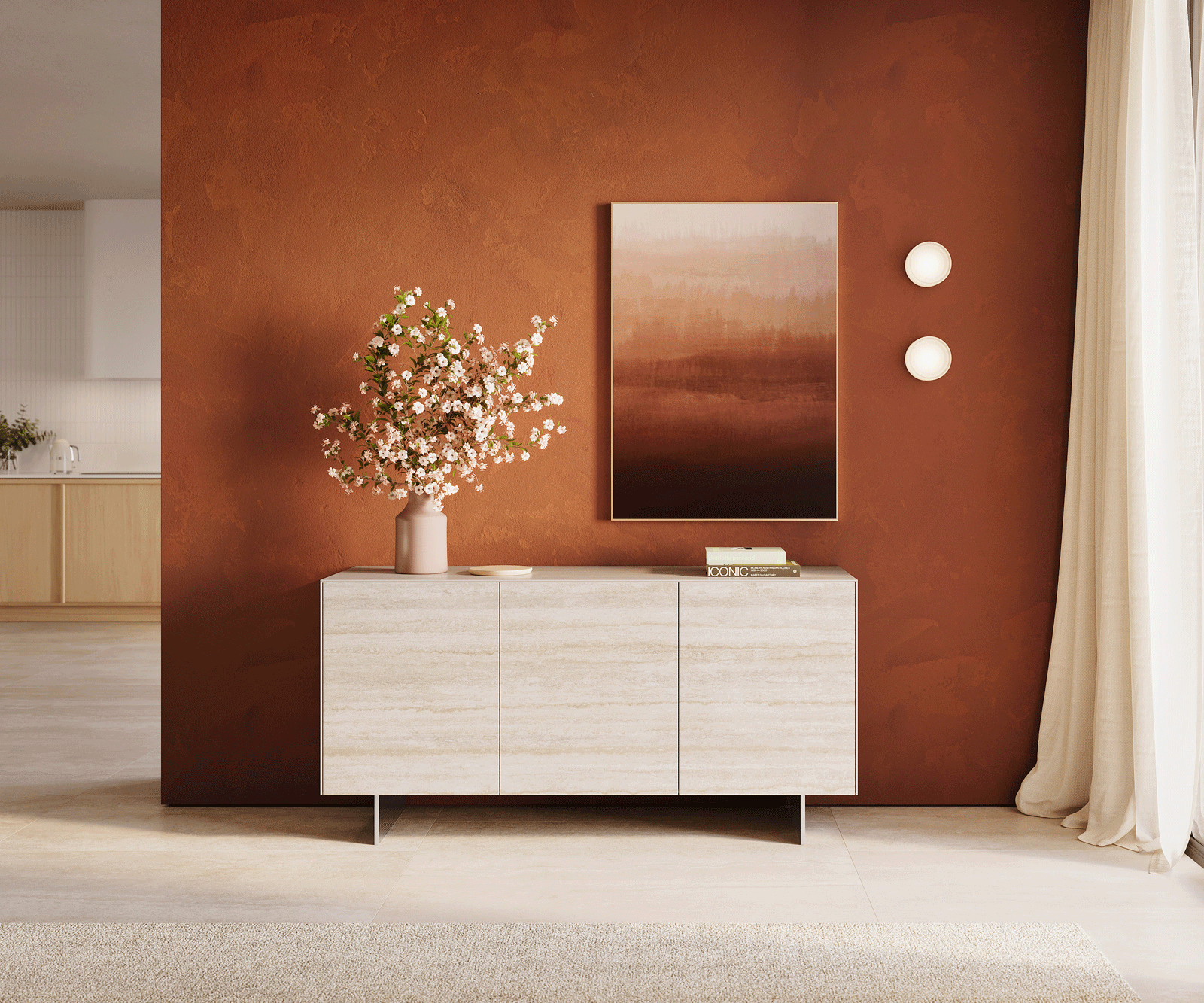 Dressoir Cuor 150 cm Keramiek Laminam® Travertino Bianco Crème-wit 3 Deuren Zwevende voet look Roestvrij staal 2