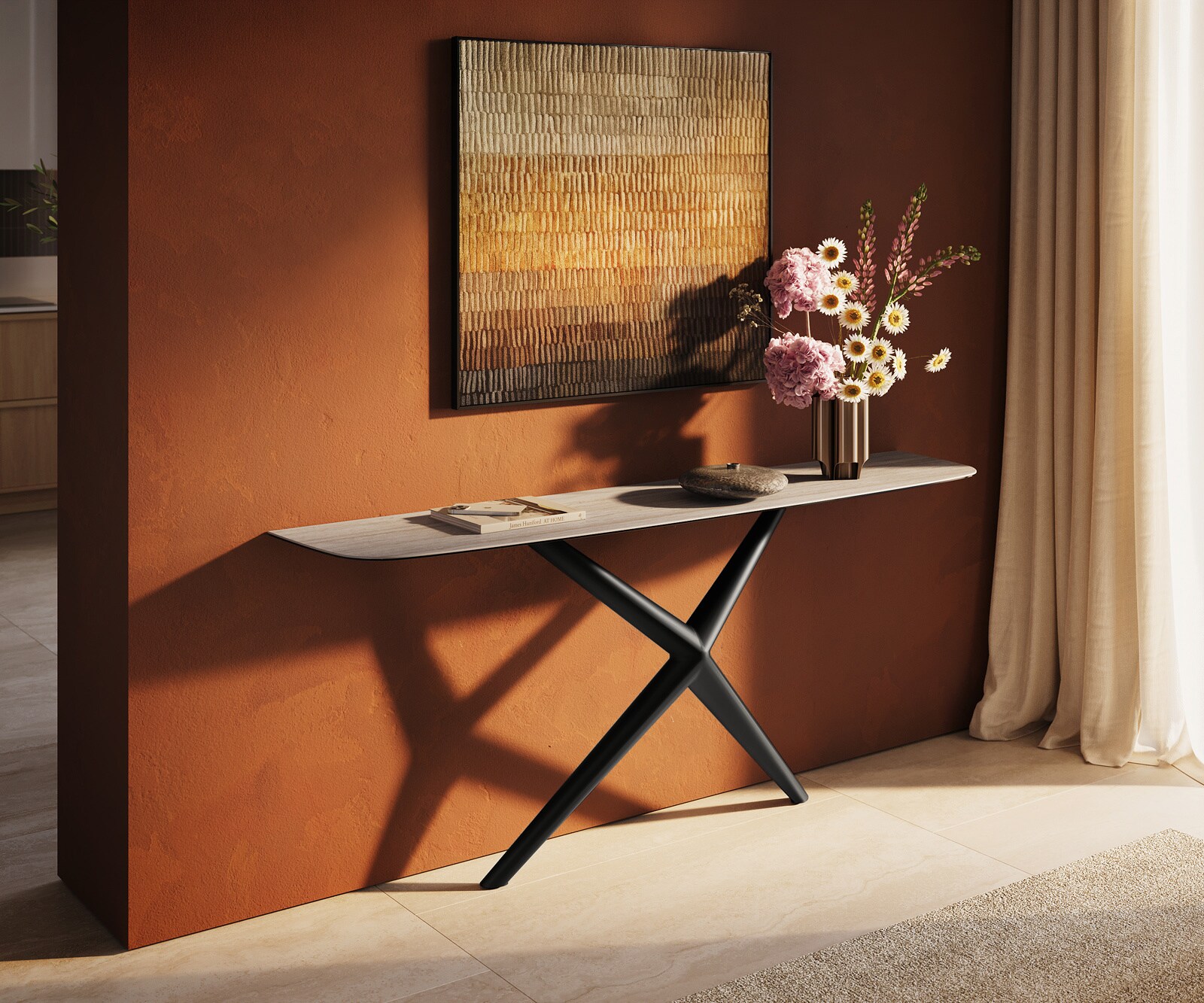 Consoletafel Edge Bootvorm 180x40 cm Keramiek Laminam® Travertino Bianco Creme-Weiß Estelo Metaal Zwart 2