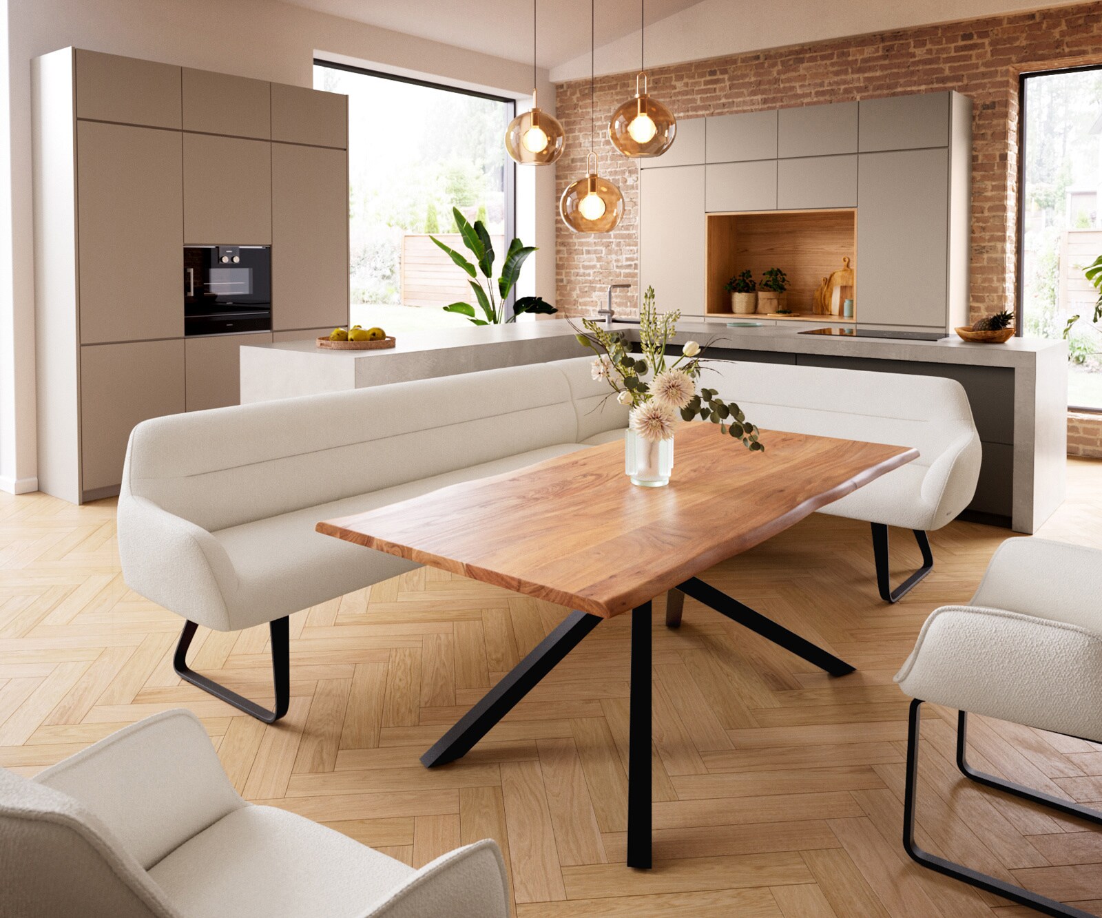 Eetkamerbank Taya-Flex 285x190 cm bouclé crème-wit platte sledebasis zwart pocketvering links 1