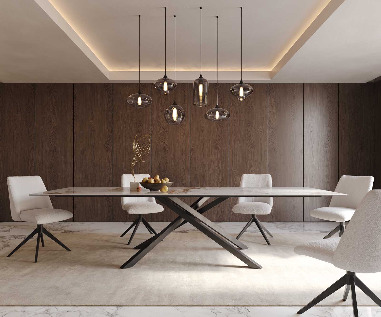 Eetkamertafel Edge 300x100 keramiek Minas Melange wit-beige kruisframe rechthoek zwart 1