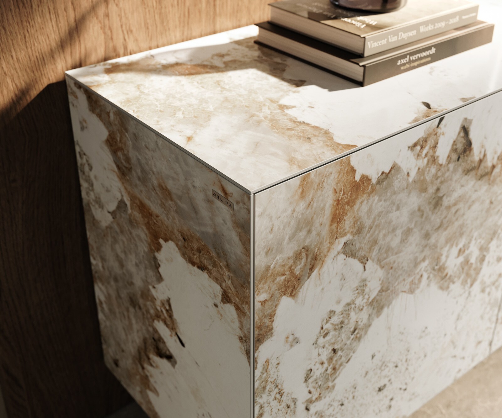 Dressoir Cuor 180 cm Keramiek Minas Melange Wit-beige 2 Deuren 3 Laden Zwevende voet look Roestvrij staal 6