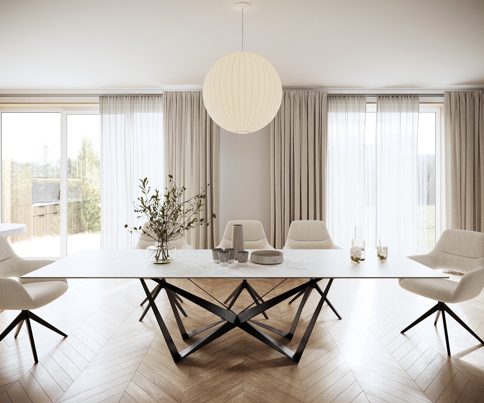 Eettafel Edge 300x100cm Laminam® keramiek wit middenpoot vlak staal zwart
