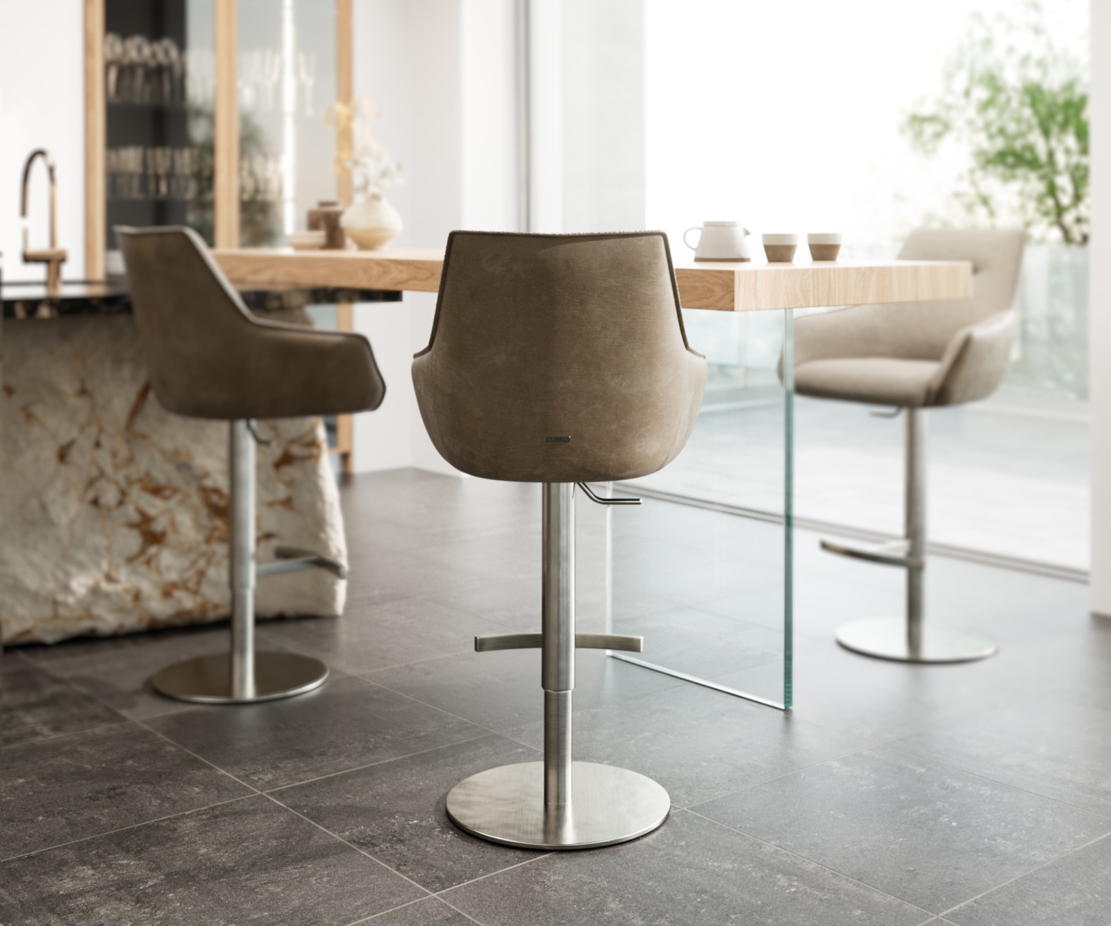 Barstoel Alja-Flex materiaalmix microvezel modder / bouclé modder draaivoet in hoogte verstelbaar RVS draaibaar pocketvering 4 Barstoel Alja-Flex materiaalmix microvezel modder / bouclé modder draaivoet in hoogte verstelbaar RVS draaibaar pocketvering 4