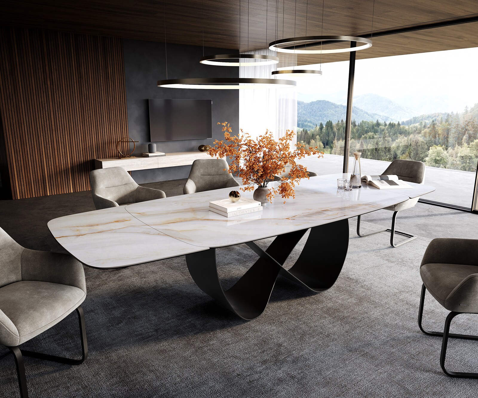 Eettafel Edge Boot 200-300x120 cm Keramiek Onyx Pearl Infinity Metaal Zwart uitschuifbaar