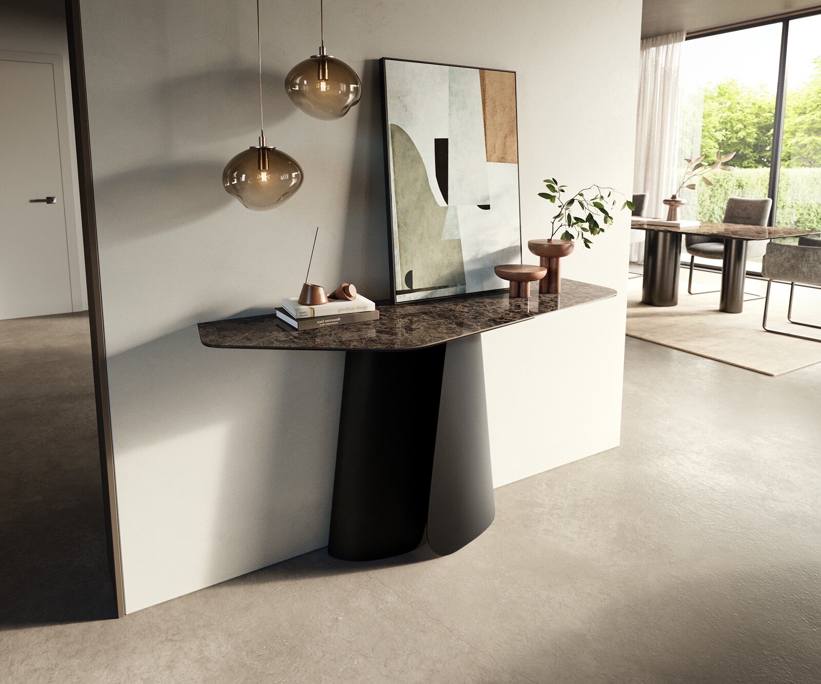 Consoletafel Edge Polygonaal 140x50 cm Keramiek Emperador Extra Lucidato Dunkelbraun Livos Metaal Zwart 3