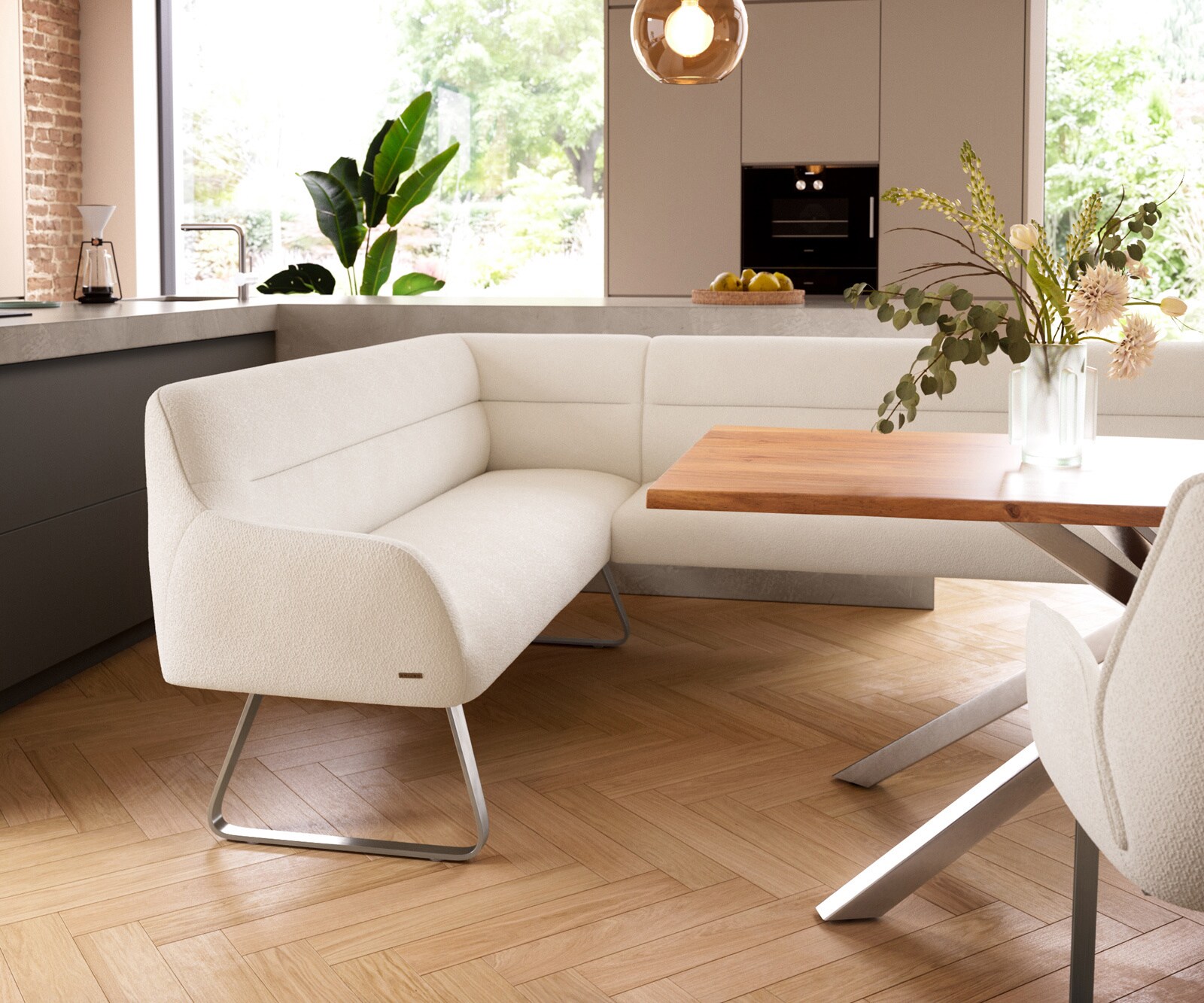 Eetkamerbank Taya-Flex 285x190 cm bouclé crème-wit platte sledebasis roestvrij staal pocketvering rechts 5