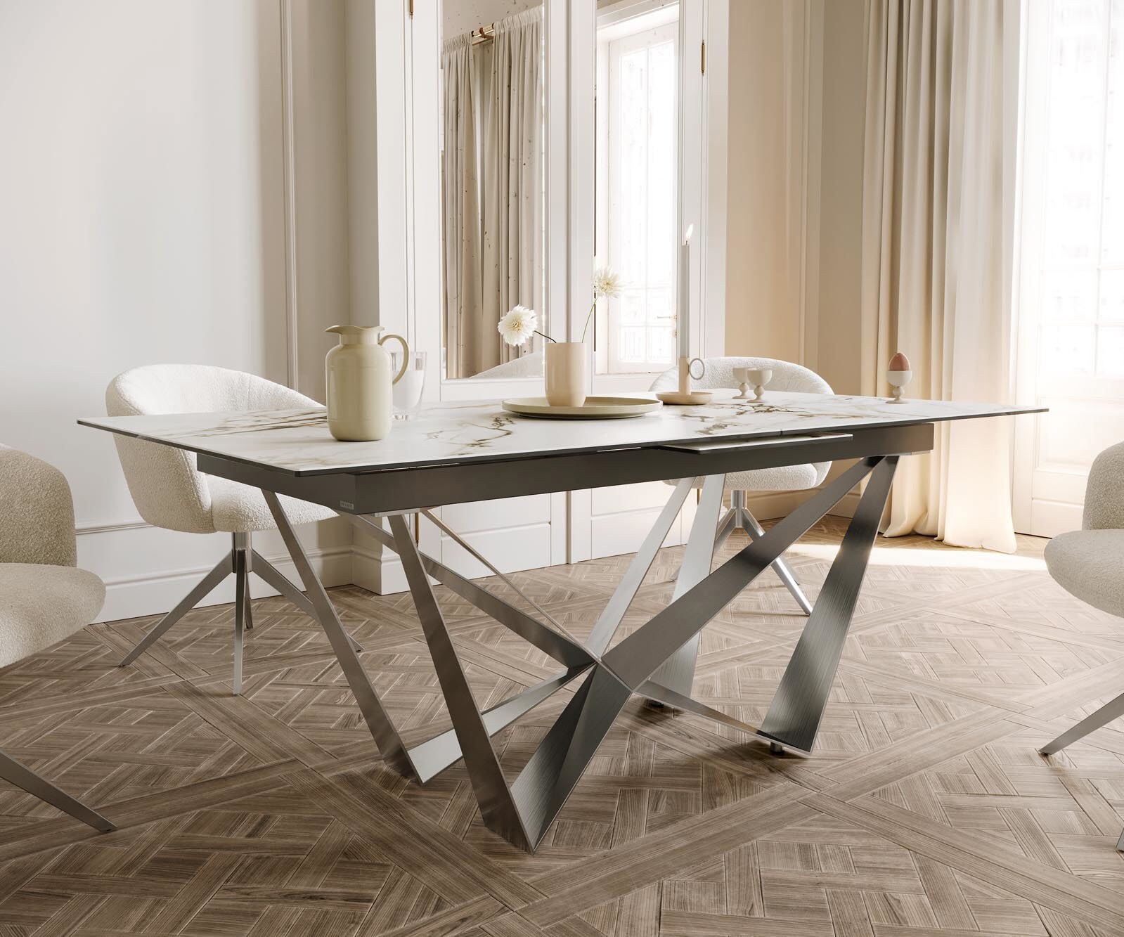 Eetkamertafel Edge 180-220x100 keramiek Calacatta Luxe wit-goud-grijs spider vlak staal RVS uitschuifbaar 5