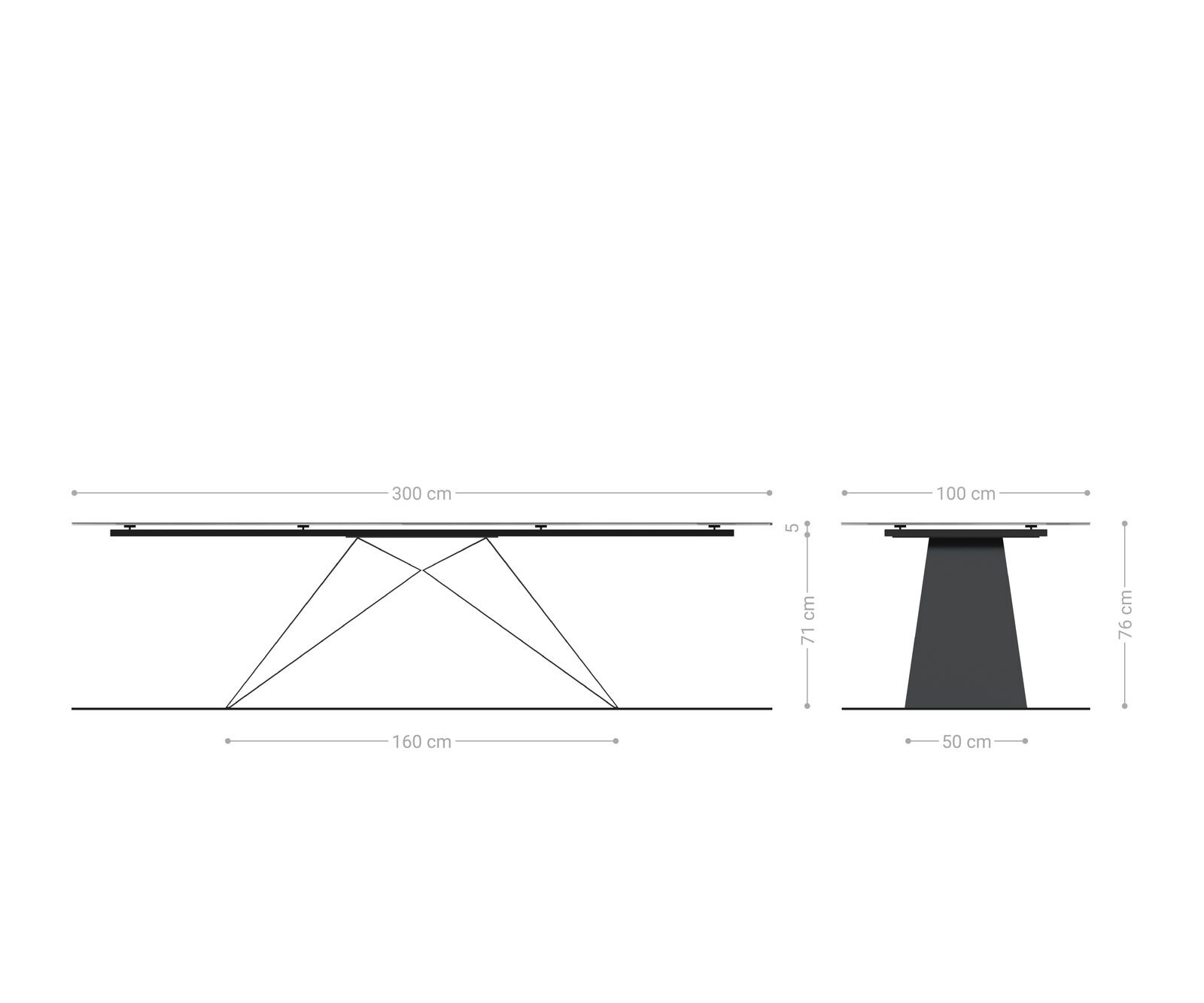 Eetkamertafel Edge 300x100 keramiek Calacatta Luxe wit-goud-grijs V-frame vlak staal zwart 9