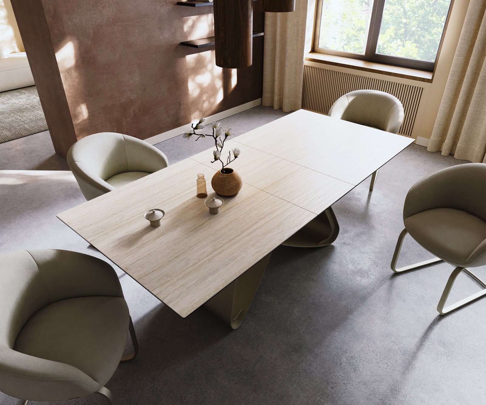 Eettafel Edge 180-220x90 keramiek  Laminam® Travertino Bianco Creme-wit W-frame effectafwerking Titan uitrekbaar 4