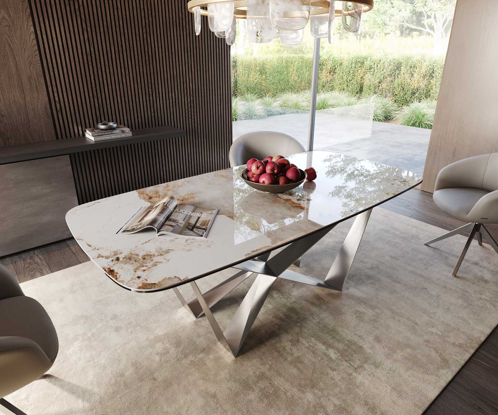 Eetkamertafel Edge Boot 200x100 keramiek Minas Melange wit-beige spider vlak staal RVS