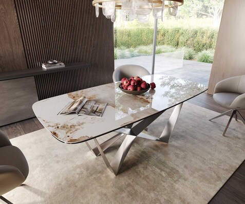 Eetkamertafel Edge Boot 200x100 keramiek Minas Melange wit-beige spider vlak staal RVS
