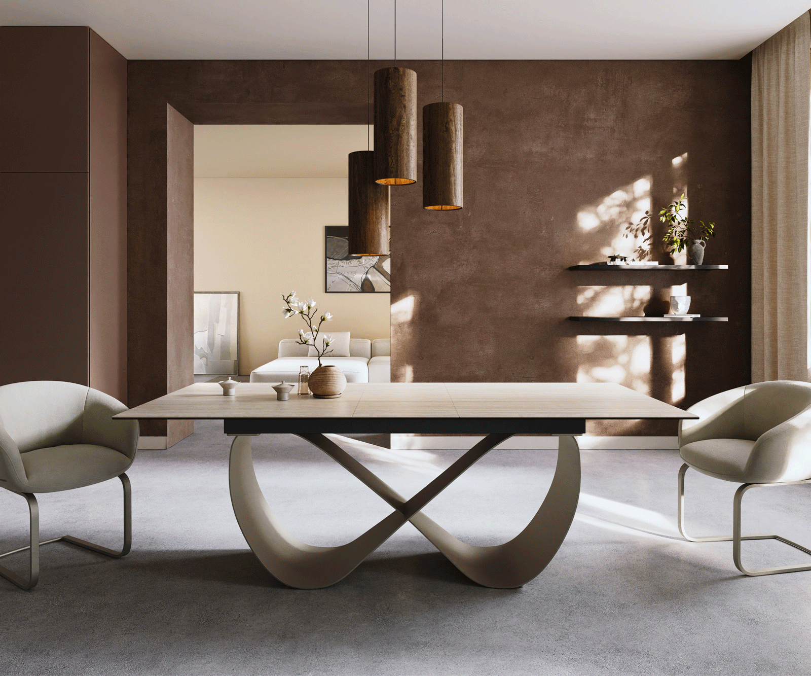 Eettafel Edge 180-220x90 keramiek  Laminam® Travertino Bianco Creme-wit Infinity metaal effectafwerking Titan uitrekbaar 1