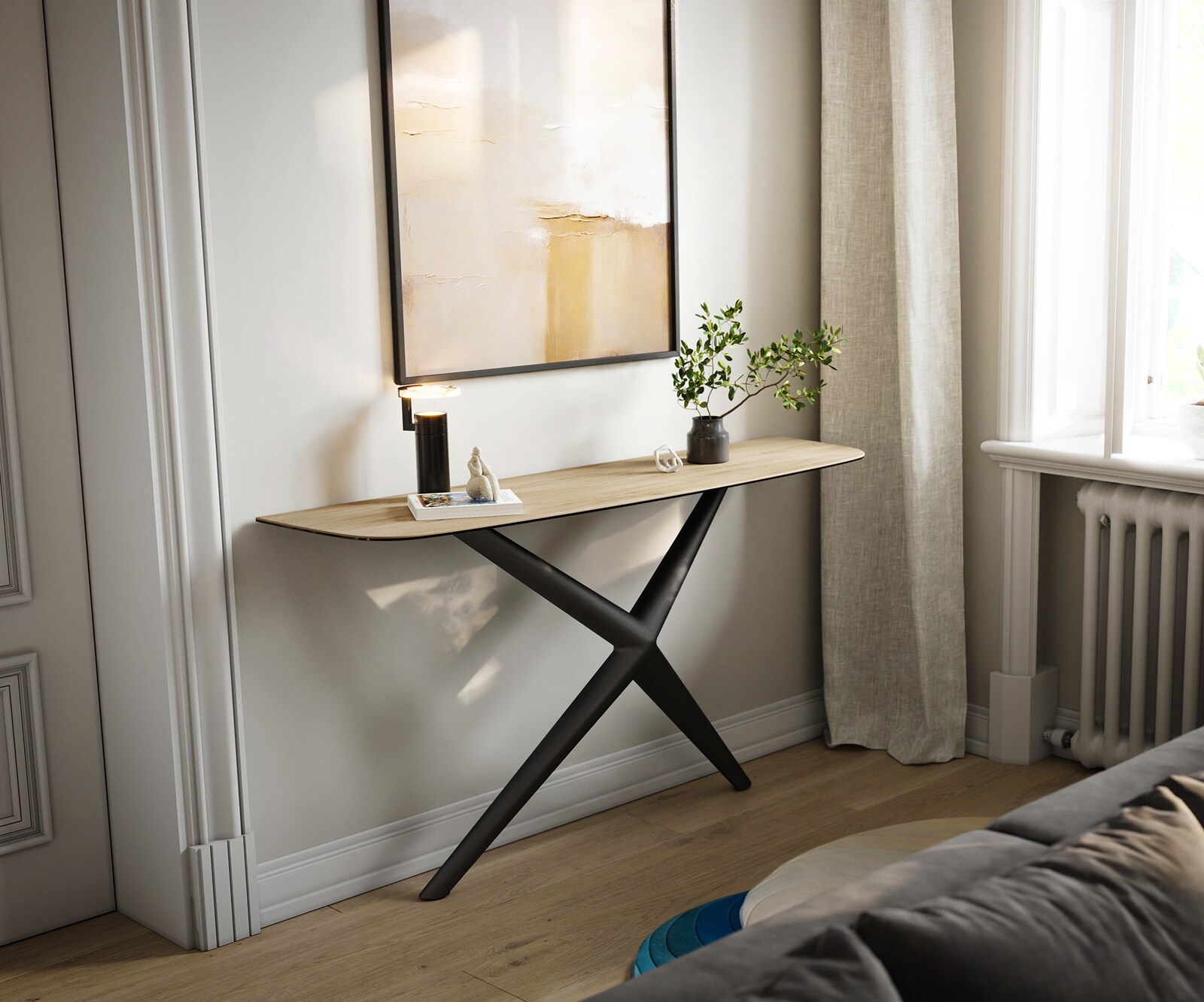 Consoletafel Edge Bootvorm 140x40 cm Keramiek Laminam® Sabbia Eichefarbig Estelo Metaal Zwart 4