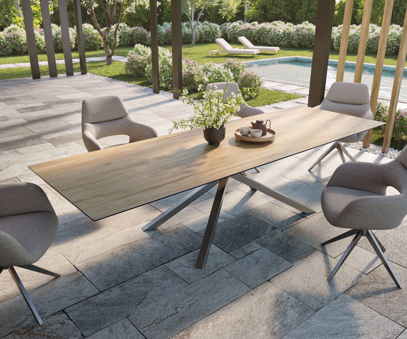 Outdoortafel Edge 300x100 cm keramiek Laminam® Sabbia eikenkleurig kruispoot rechthoekig roestvrij staal