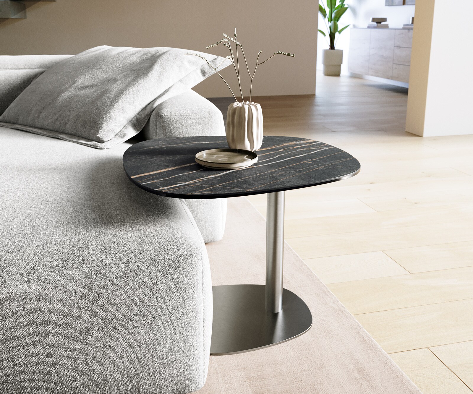 Bijzettafel Edge Boot 60x60 cm keramiek Laminam® Noir Desir bruin Eleny geborsteld roestvrij staal 1