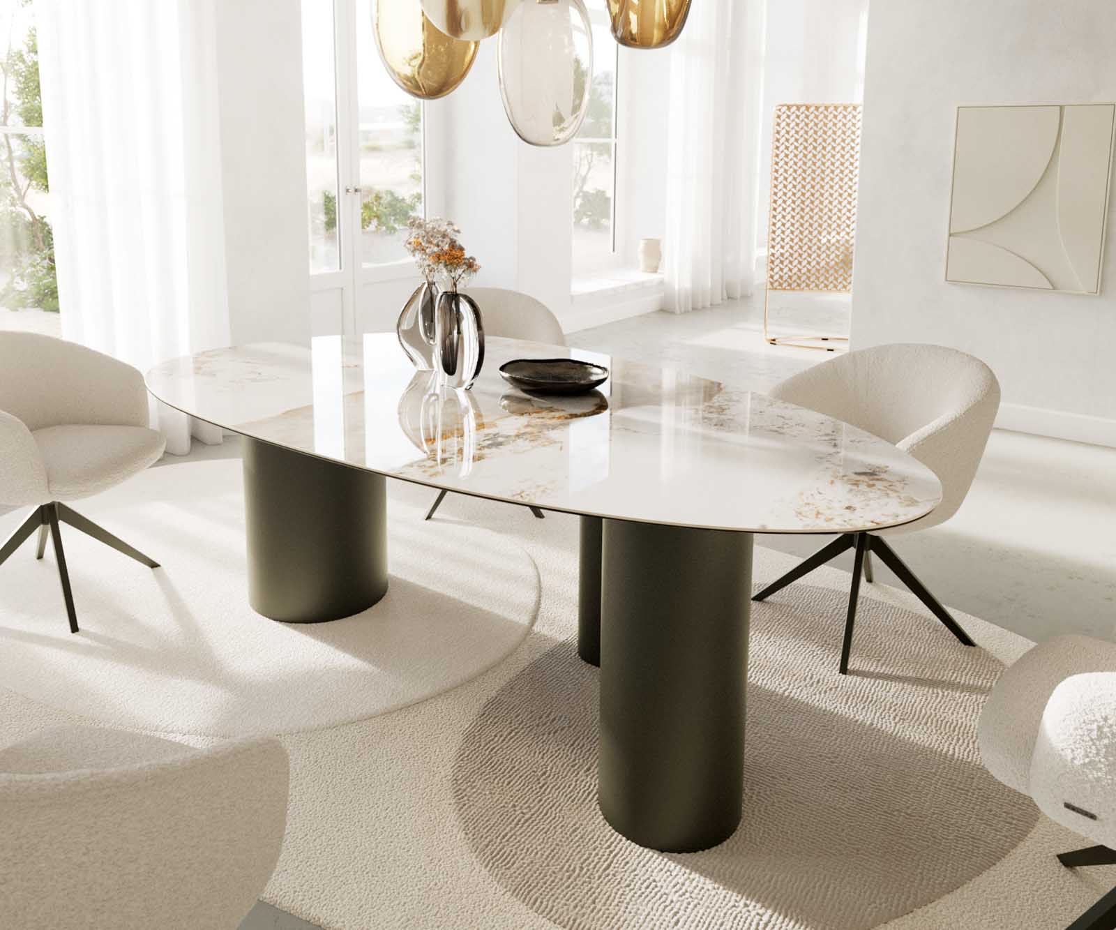 Eettafel Edge ovaal 220x120 keramiek Minas Melange wit-beige Troa metaal effect afwerking titanium 6