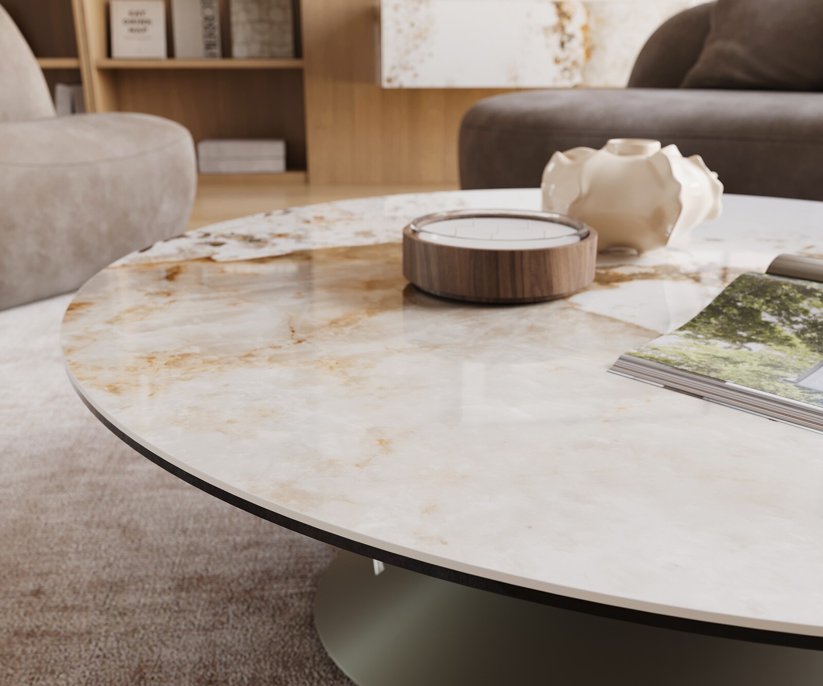 Salontafel Edge rond 100x100 cm keramiek Minas Melange Conis Metall effectafwerking titaan 6