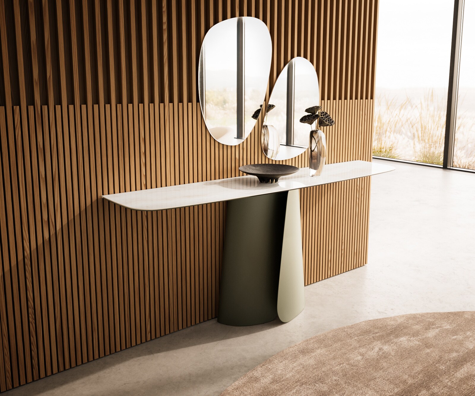 Consoletafel Edge Bootvorm 180x40 cm Keramiek Onyx Champagne Livos Metaal Effektfinish Titan 4