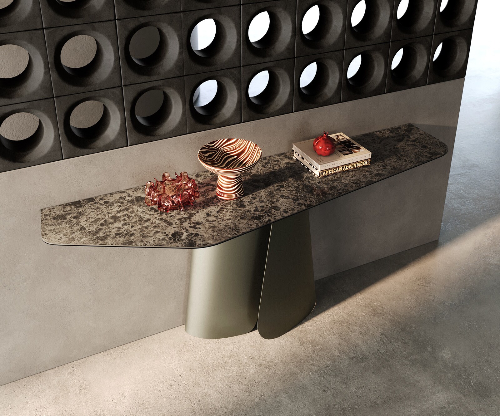 Consoletafel Edge Polygonaal 180x50 cm Keramiek Emperador Extra Lucidato Dunkelbraun Livos Metaal Effektfinish Titan 2