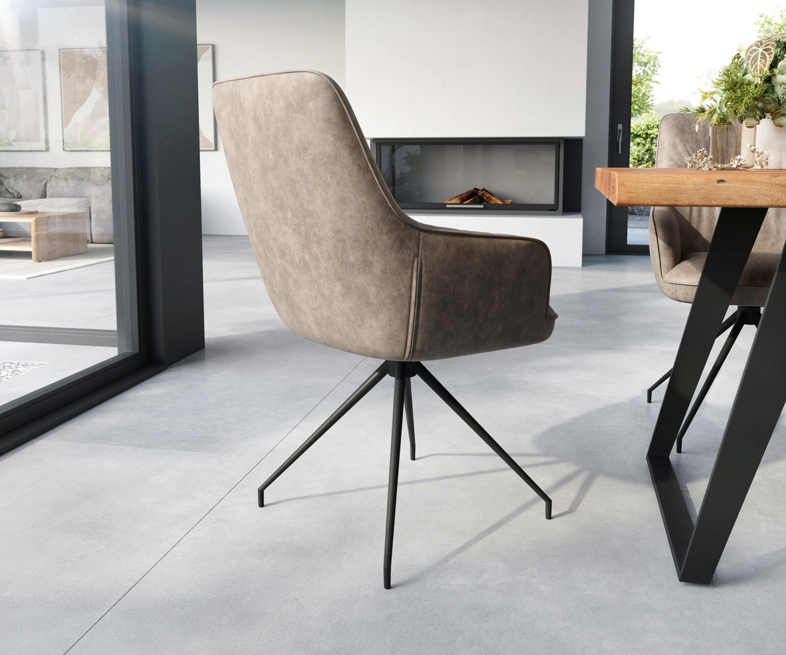 Eetkamerstoel Zelia-Flex met armleuning microvelours taupe vintage kruisframe conisch zwart pocketveer kern 4 Eetkamerstoel Zelia-Flex met armleuning microvelours taupe vintage kruisframe conisch zwart pocketveer kern 4