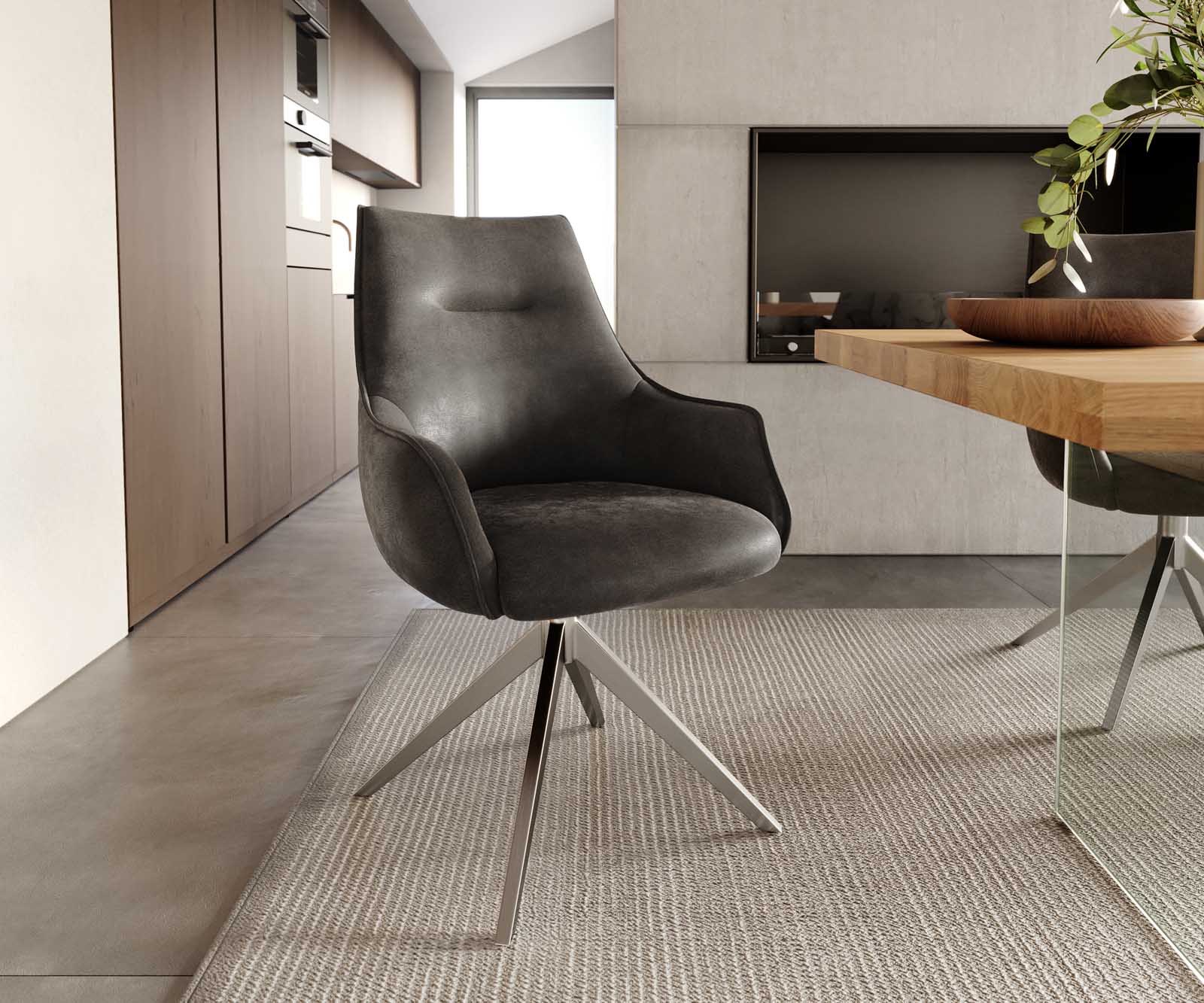 Draaistoel Alja-Flex met armleuning microvelours antraciet vintage kruisframe breed roestvrij staal 360° draaibaar pocketveer kern