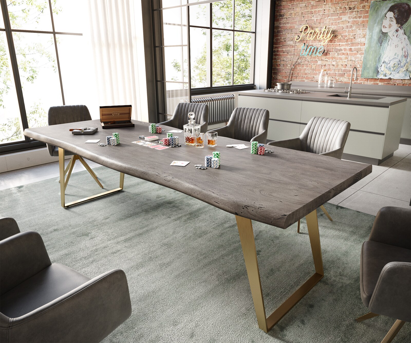 Eettafel Edge 260x100 XL acacia platina  roestvrij staal Gold schuin Live-Edge 1