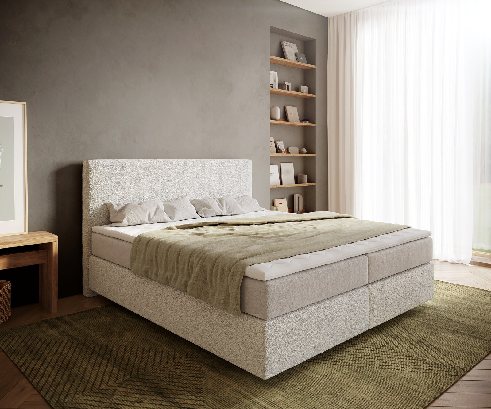 Boxspringbed Dream-Well 180x200 cm Bouclé Crème-Wit met Pocketveringmatras en Topper Visco