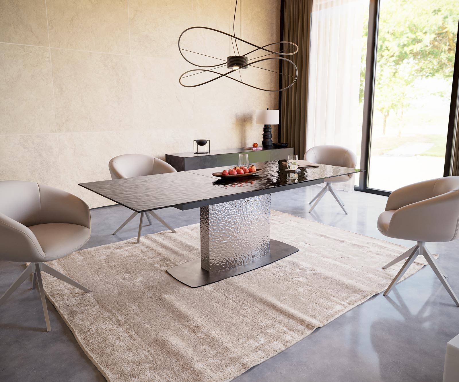 Eetkamertafel Edge 180-220x100 Glas smelten rokerig zwart 3D-Relief Wave RVS uitschuifbaar 5 Eetkamertafel Edge 180-220x100 Glas smelten rokerig zwart 3D-Relief Wave RVS uitschuifbaar 5