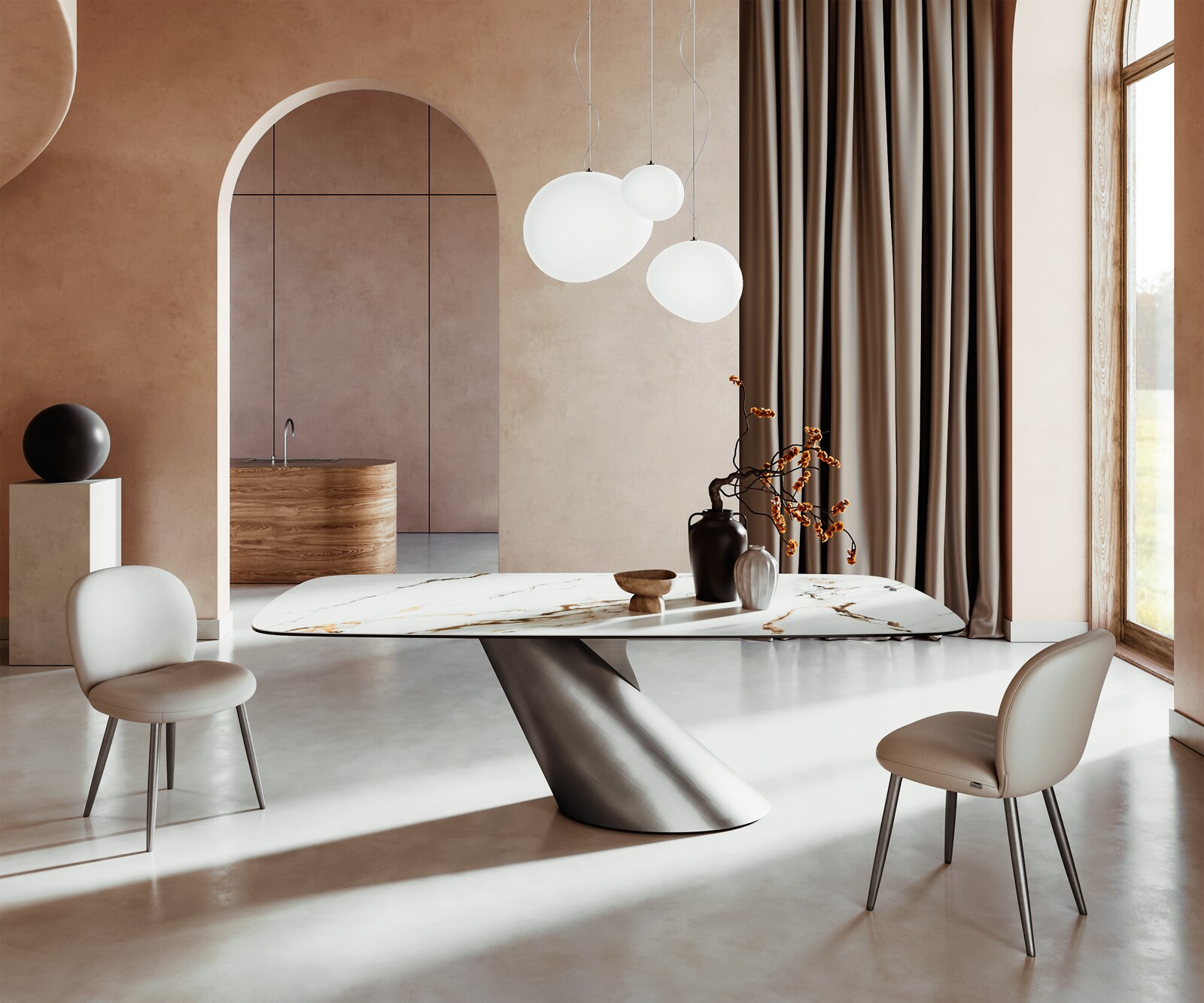 Eettafel Edge Boot 240x120 keramiek  Calacatta Luxe wit-goud-grijs Cono metaal zilver Eettafel Edge Boot 240x120 keramiek  Calacatta Luxe wit-goud-grijs Cono metaal zilver