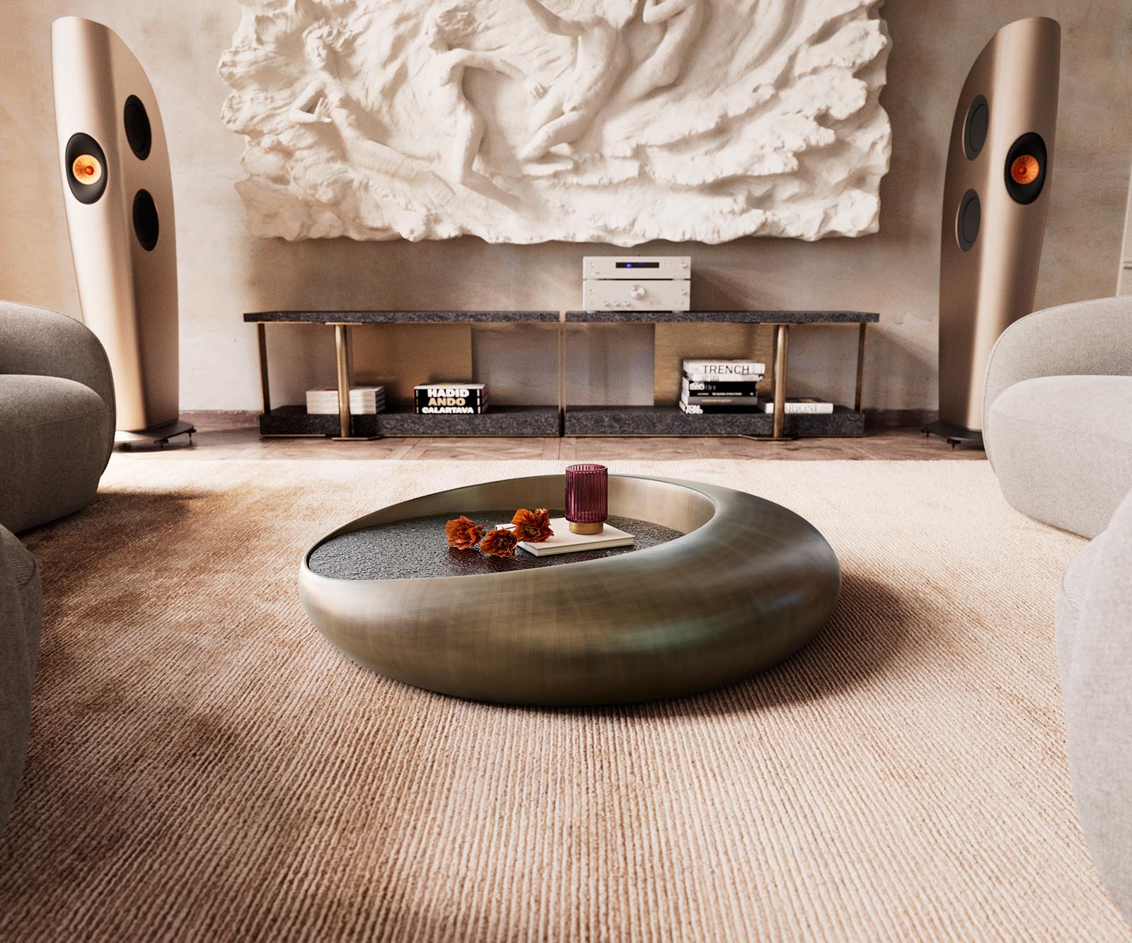 Salontafel Blaise 100x100 cm Goud met reliëfglas taupe 1 Salontafel Blaise 100x100 cm Goud met reliëfglas taupe 1