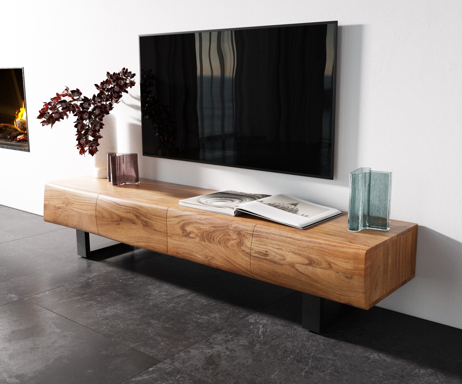 TV-meubel New Live-Edge 175 cm acacia natuur 4 deuren met metalen sledepoten zwart