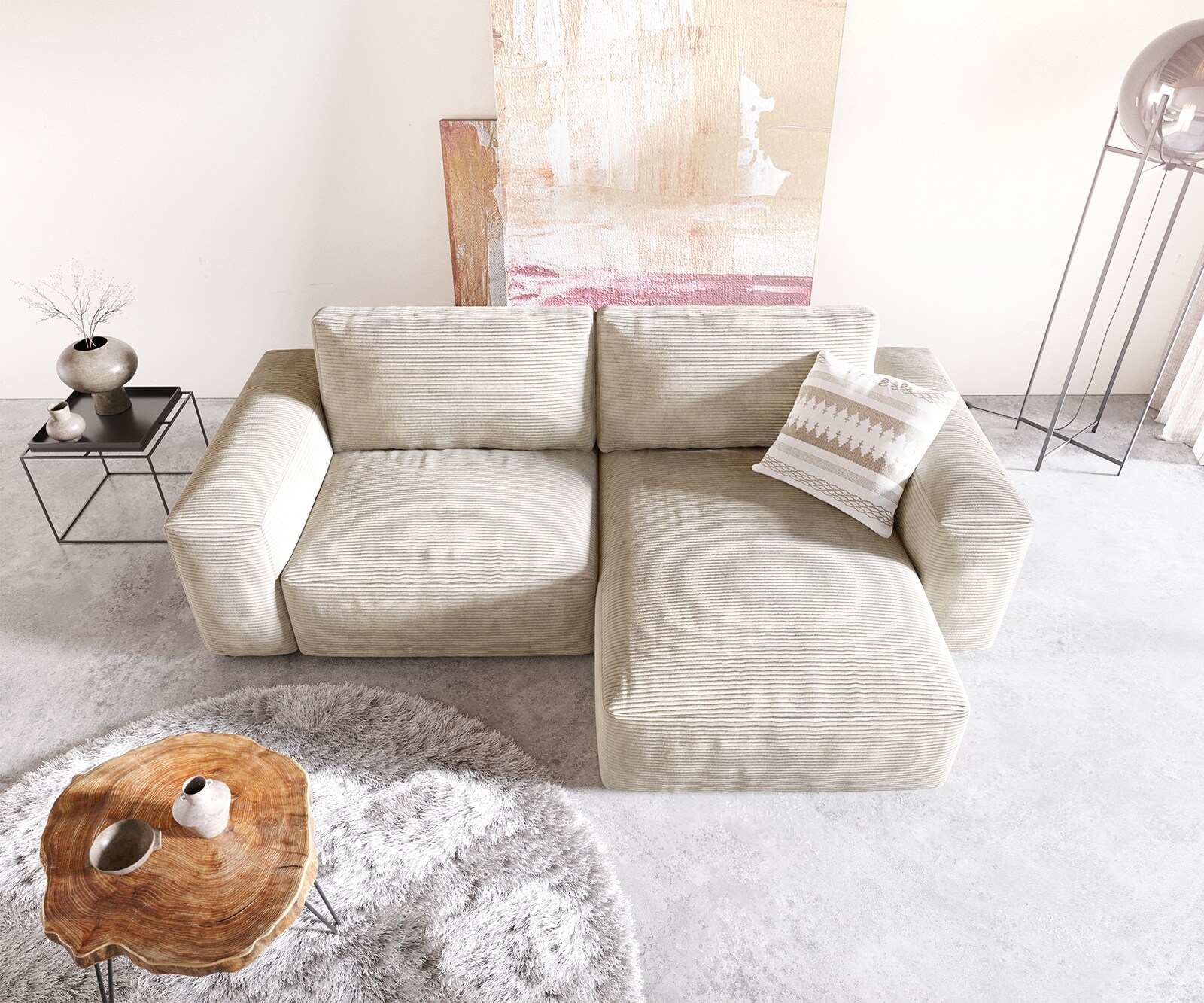 Hoeksofa Lanzo 230x155 cm ribcord beige met variabele recamière 3