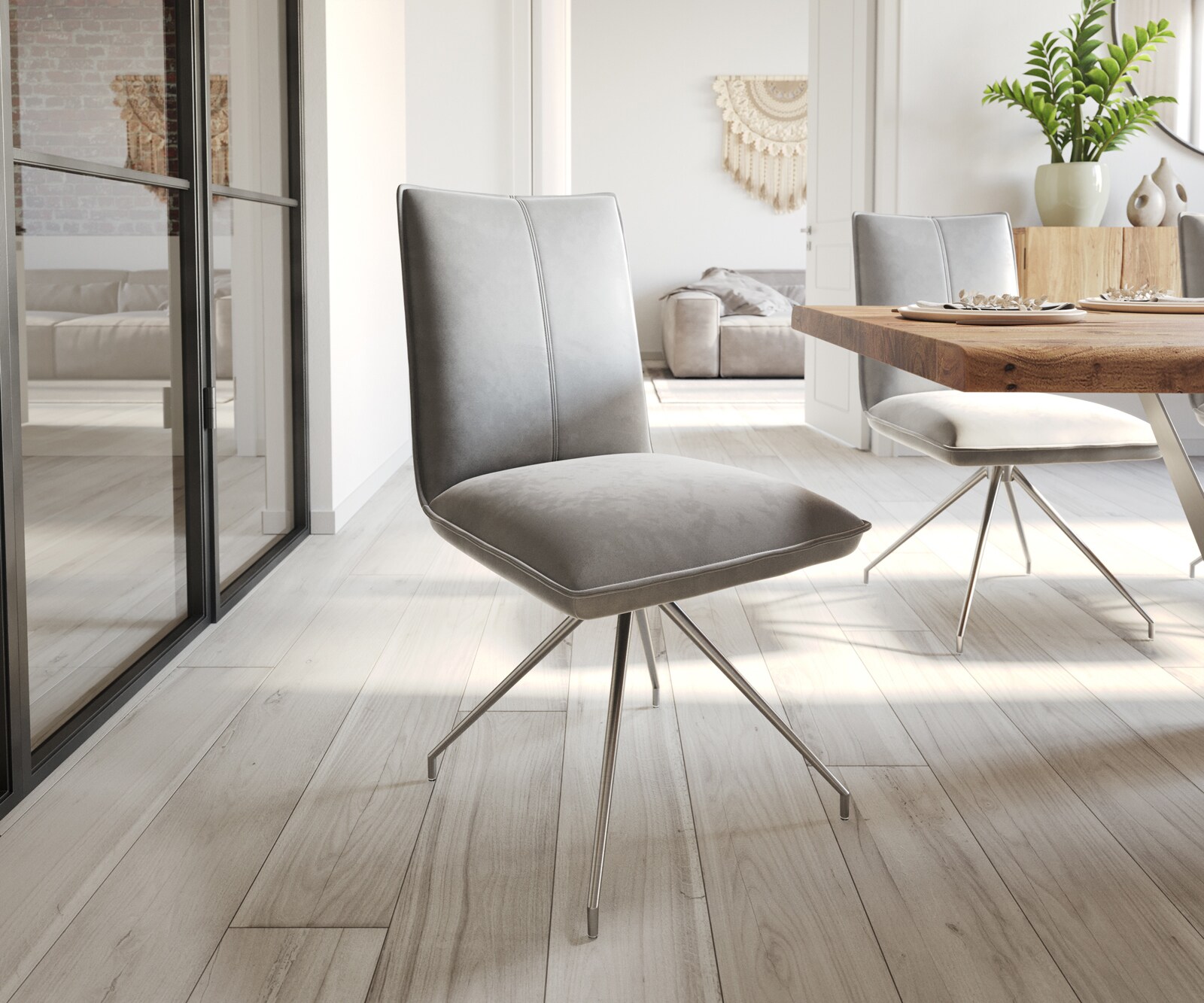 Eetkamerstoel Lelio-Flex fluweel grijs kruisframe conisch roestvrij staal pocketveer kern Eetkamerstoel Lelio-Flex fluweel grijs kruisframe conisch roestvrij staal pocketveer kern