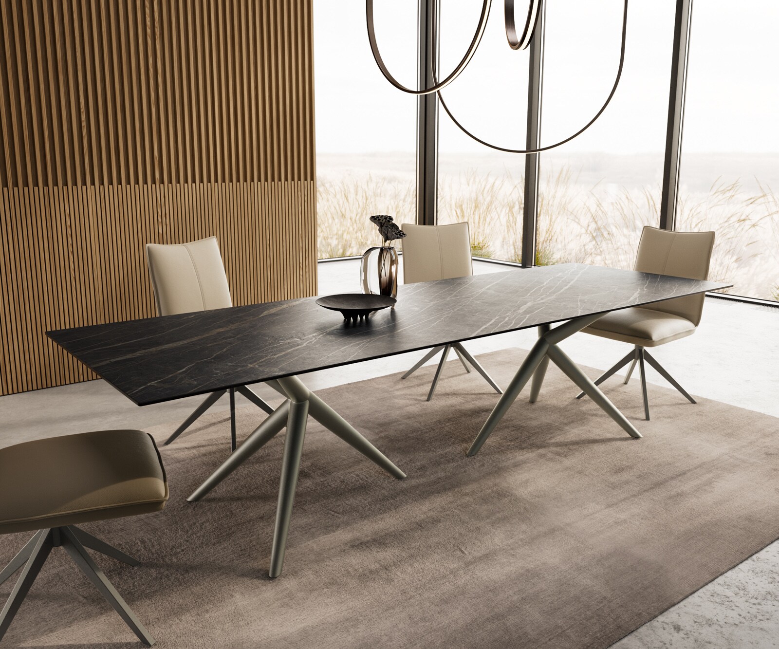 Eetkamertafel Edge 300x100 keramiek Laminam®Noir Desir bruin Estelar rond  metaal effectafwerking titaan
