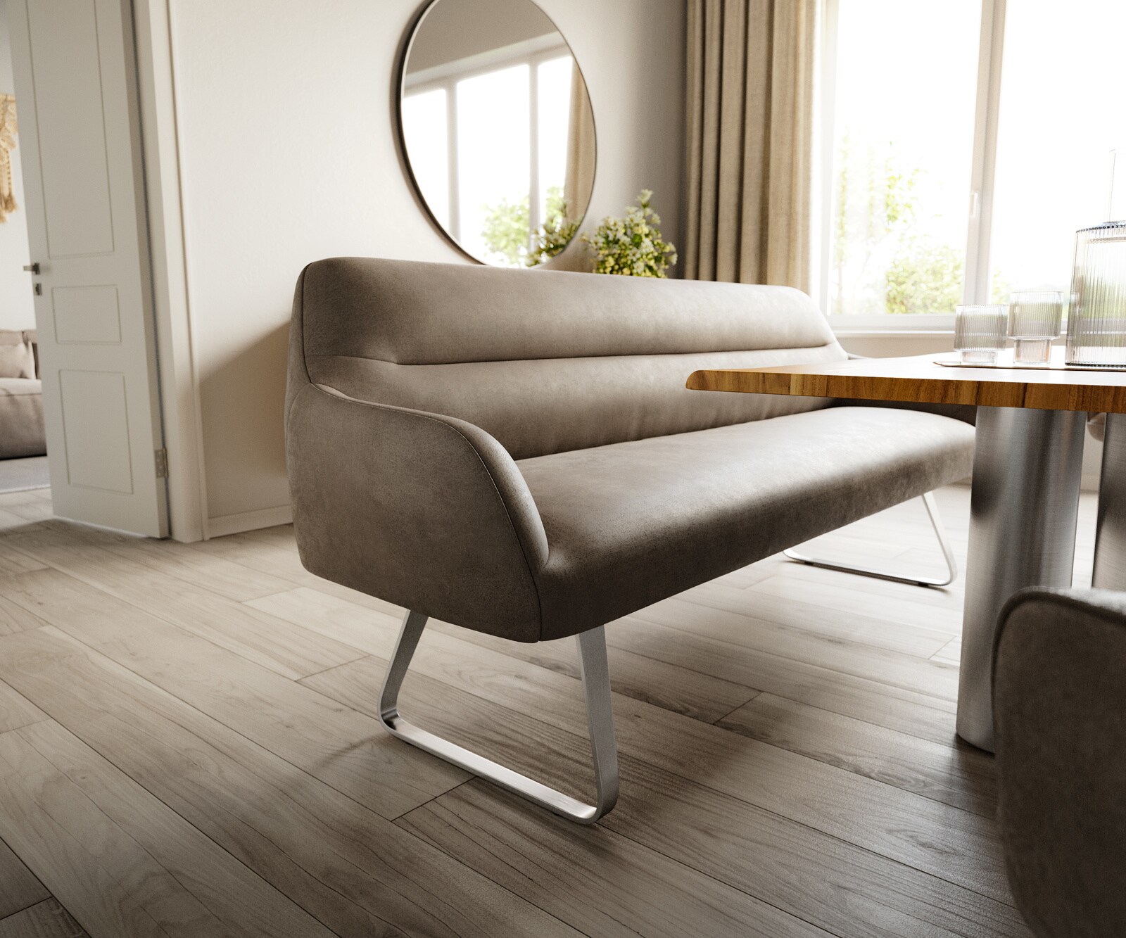 Eetkamerbank Taya-Flex 200 cm microvelours taupe vintage platte sledebasis roestvrij staal pocketvering 4